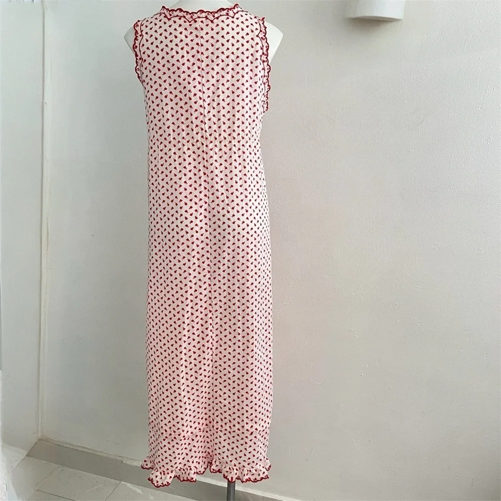 Vintage 1960s Barbizon Seraphim Batiste Red & White Floral Long Nightgown Medium - Picture 9 of 13